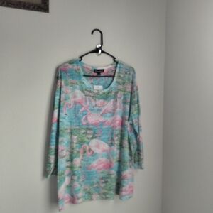 Creation Blouse Women 2XL Pink & Green Vibrant Flamingo Print Rhinestone Casual